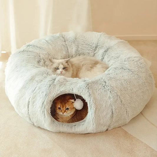 "Ultimate Cozy Retreat: 2-In-1 Cat Bed House with Entertaining Tunnel - Perfect for Small Dogs, Kittens, and Puppies - Luxurious Long Plush Material for Deep, Restful Sleep"